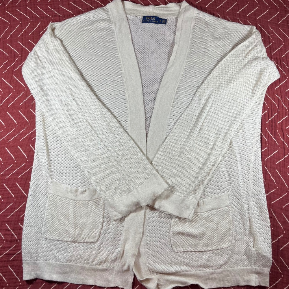Polo Ralph Lauren Cream Knit Open Front Cardigan Sweater Size M‎